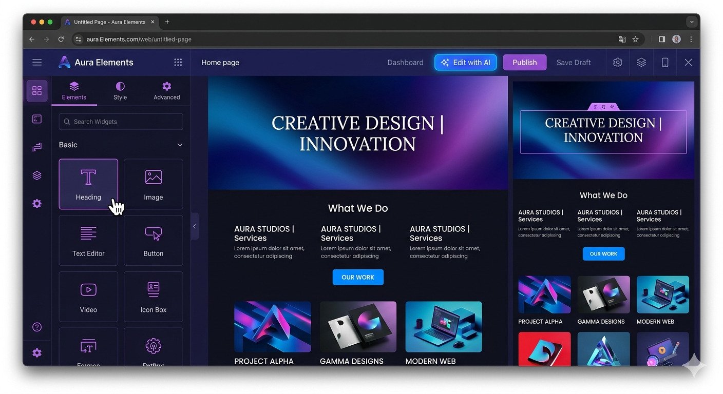 Aura Elements professional dark-themed page builder interface for seamless website design. Features widgets, AI tools, multi-view, and creative project examples.