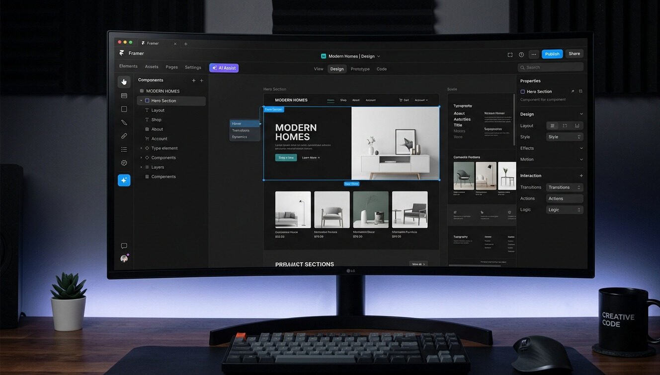 A clean, dark-themed Framer AI interface on a high-fidelity monitor, showing website design prototyping, component panels, and modern UI interaction controls.