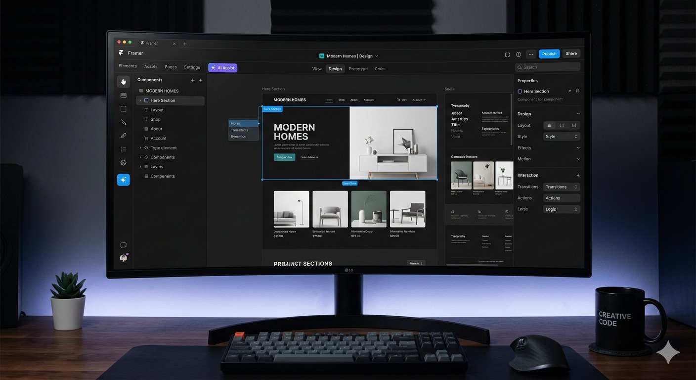 A clean, dark-themed Framer AI interface on a high-fidelity monitor, showing website design prototyping, component panels, and modern UI interaction controls.