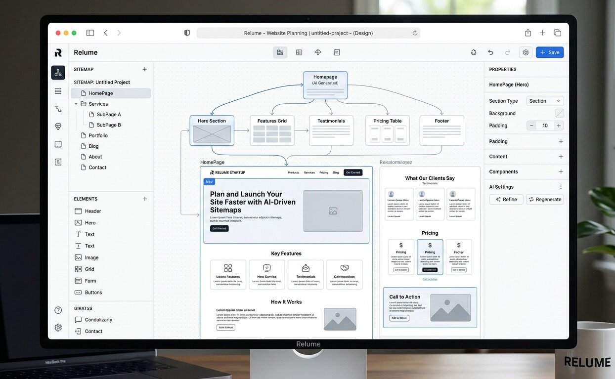 A modern Relume AI sitemap and wireframe tool displayed on a desktop monitor, featuring a detailed website planning interface with clean structure, page flows, and component options on a white professional layout.