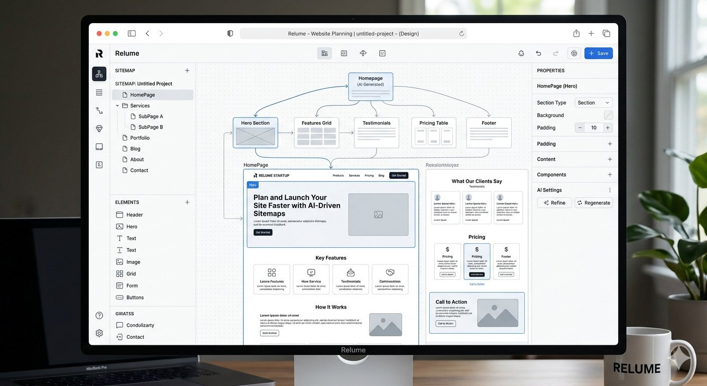 A modern Relume AI sitemap and wireframe tool displayed on a desktop monitor, featuring a detailed website planning interface with clean structure, page flows, and component options on a white professional layout.