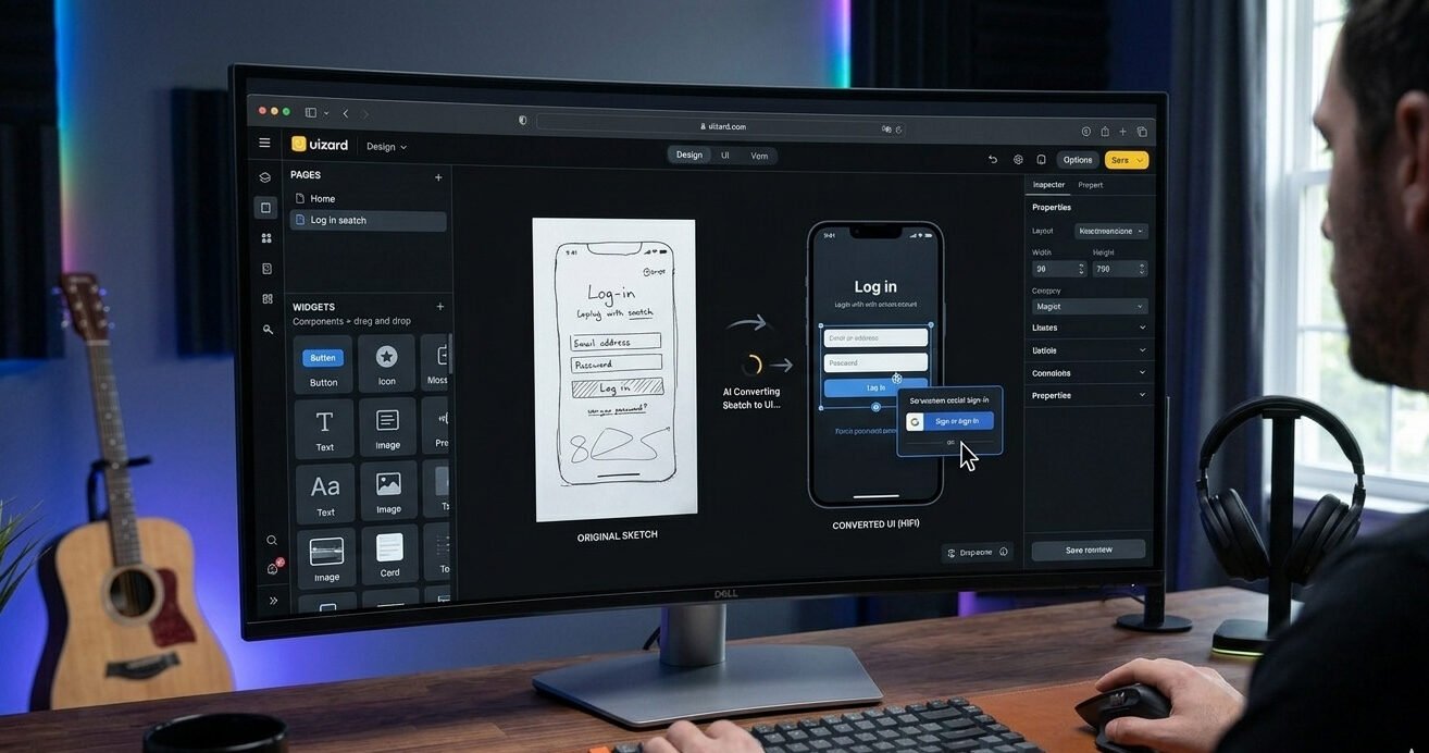 User desk par curved monitor par Uizard AI use kar raha hai, jahan hand-drawn sketch se modern responsive login UI mockup generate ho raha hai. Professional workspace mein RGB lights aur acoustic panels maujood hain.