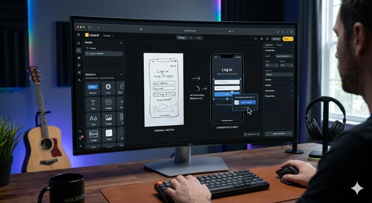 User desk par curved monitor par Uizard AI use kar raha hai, jahan hand-drawn sketch se modern responsive login UI mockup generate ho raha hai. Professional workspace mein RGB lights aur acoustic panels maujood hain.