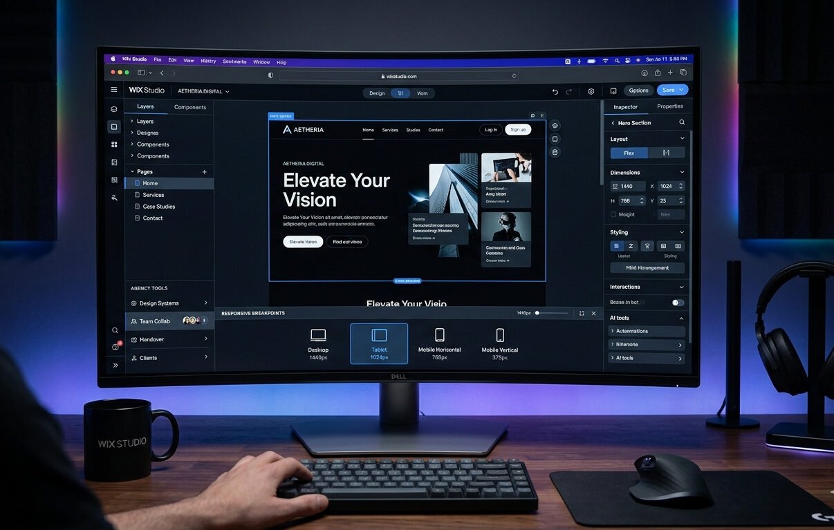 Ek professional curved monitor desk setup par Wix Studio website builder ka interface khula hua hai, jise ek user control kar raha hai.
