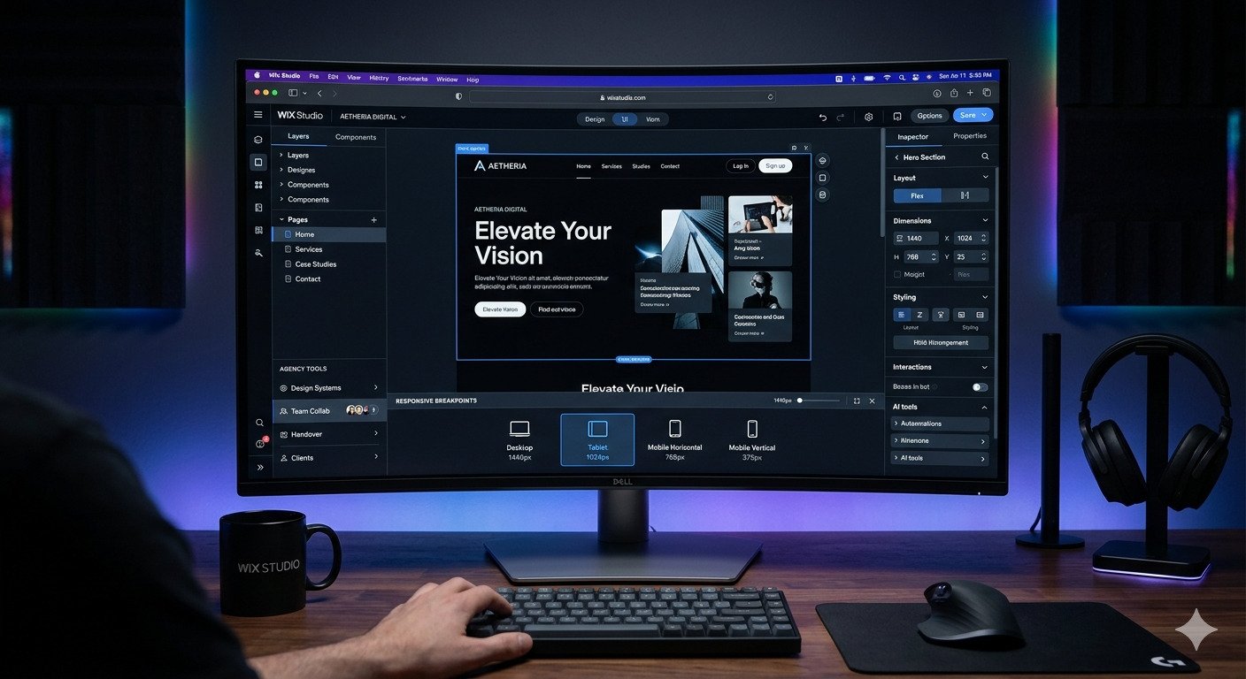 Ek professional curved monitor desk setup par Wix Studio website builder ka interface khula hua hai, jise ek user control kar raha hai.