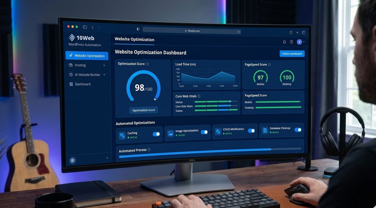 Man curved monitor par 10Web WordPress optimization dashboard use kar raha hai. Screen par optimization score 98 aur performance metrics dikh rahe hain.