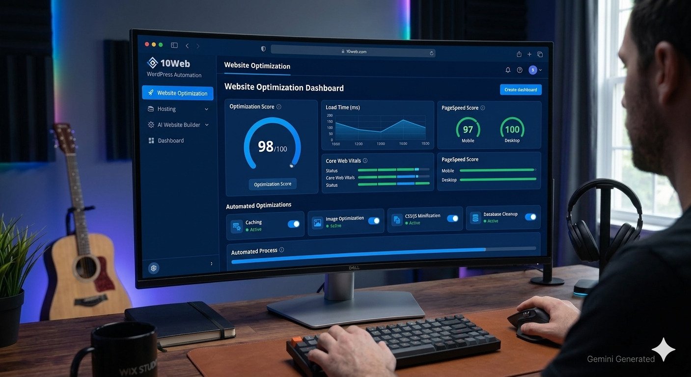 Man curved monitor par 10Web WordPress optimization dashboard use kar raha hai. Screen par optimization score 98 aur performance metrics dikh rahe hain.