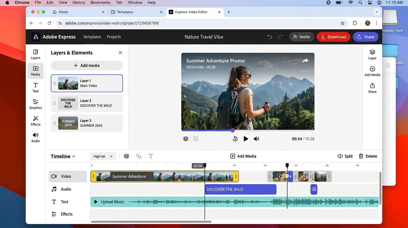 Adobe Express video editing tool open in browser with red and white interface
