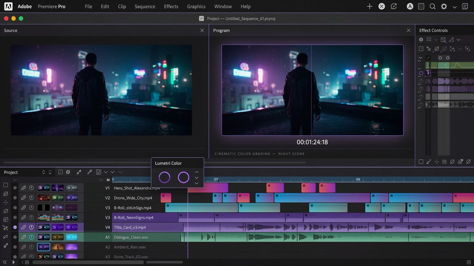 Adobe Premiere Pro video editing interface with dark theme and purple blue timeline