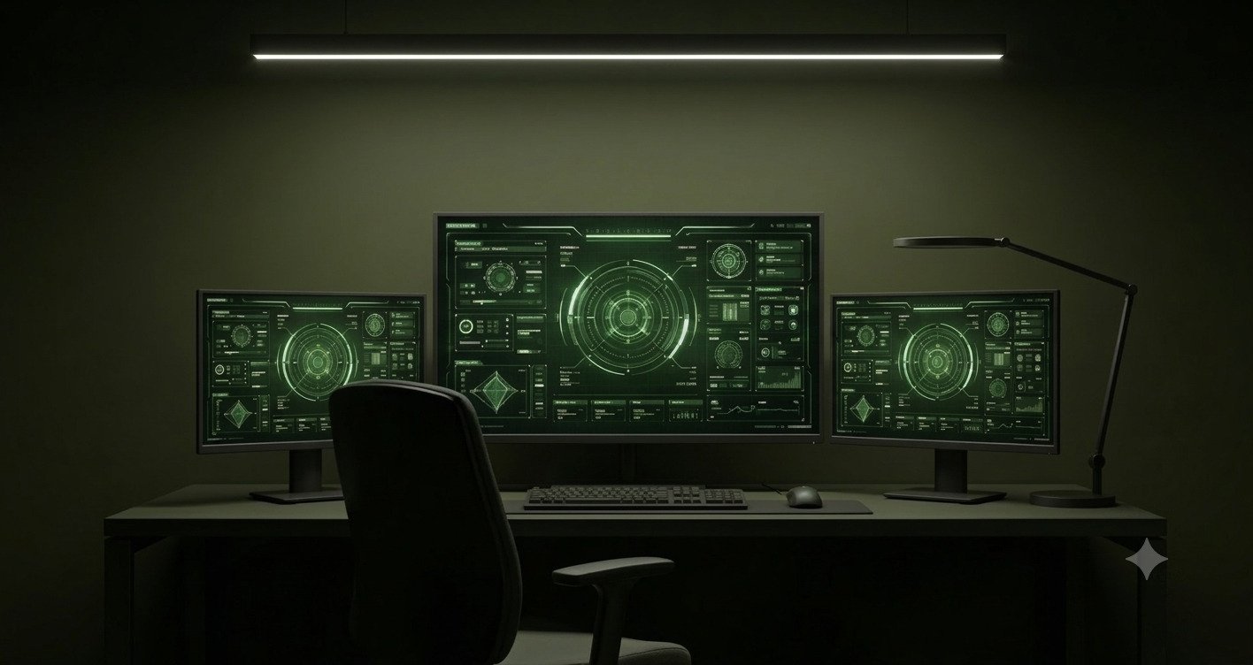 AI tools experts workspace with three computer monitors showing green data interfaces in a dark, professional setup.