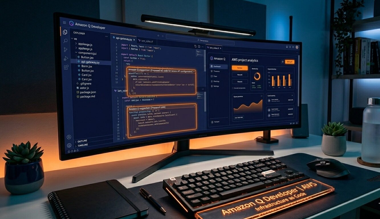 A professional developer workspace with a curved monitor displaying Amazon Q Developer and AWS cloud code. The setup features a navy blue theme, orange neon lighting, and a modern tech environment.