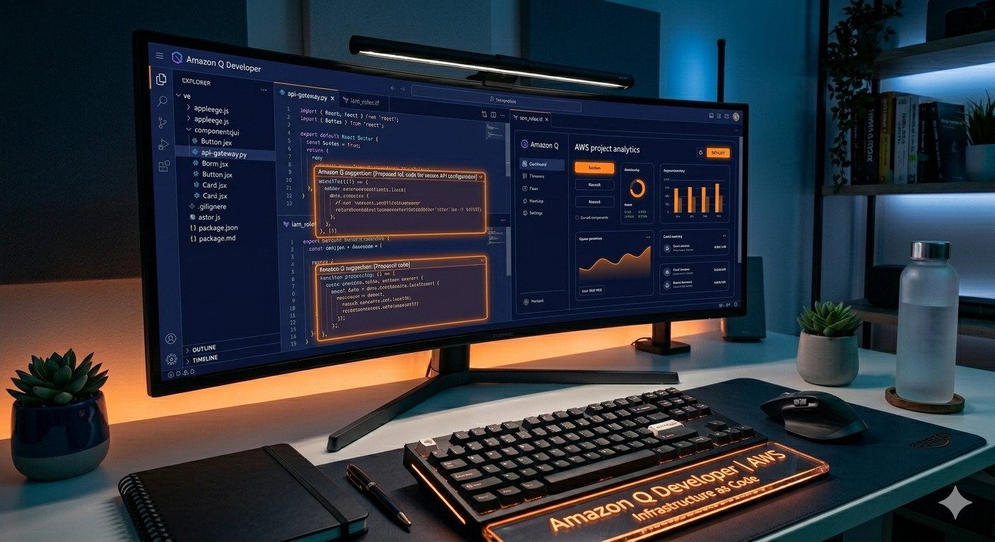 A professional developer workspace with a curved monitor displaying Amazon Q Developer and AWS cloud code. The setup features a navy blue theme, orange neon lighting, and a modern tech environment.