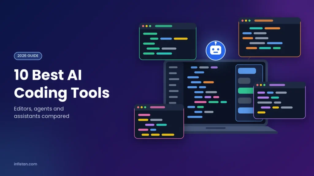 10 best AI coding tools in 2026, shown as code windows around a laptop