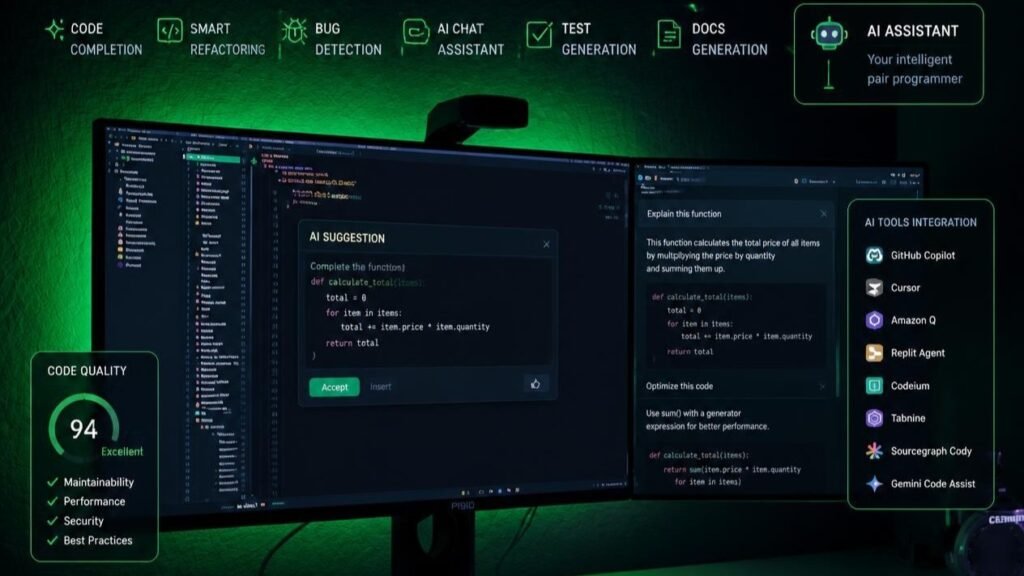 Code editor with an AI coding assistant suggesting code on a developer's monitor