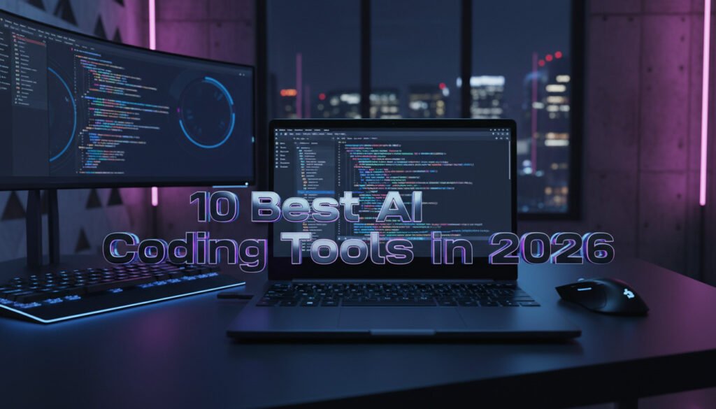 Laptop showing code with text overlay 10 Best AI Coding Tools in 2026 for developers.