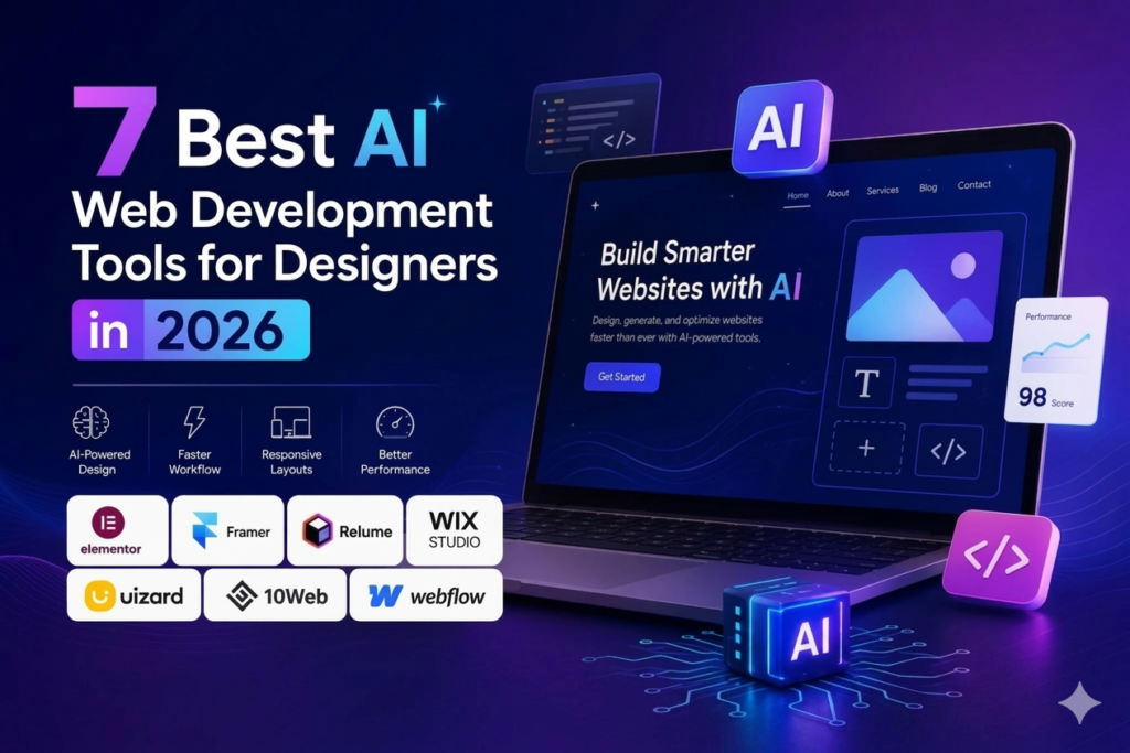 Top 7 AI web development tools for designers in 2026, featuring icons of Elementor, Framer, Relume, Wix Studio, Uizard, 10Web, and Webflow on a professional laptop interface.