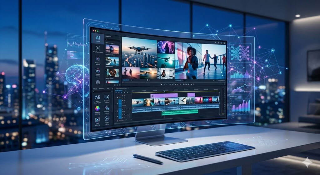 A futuristic video editing workspace with a modern monitor, AI software, and holographic timelines against city lights.
