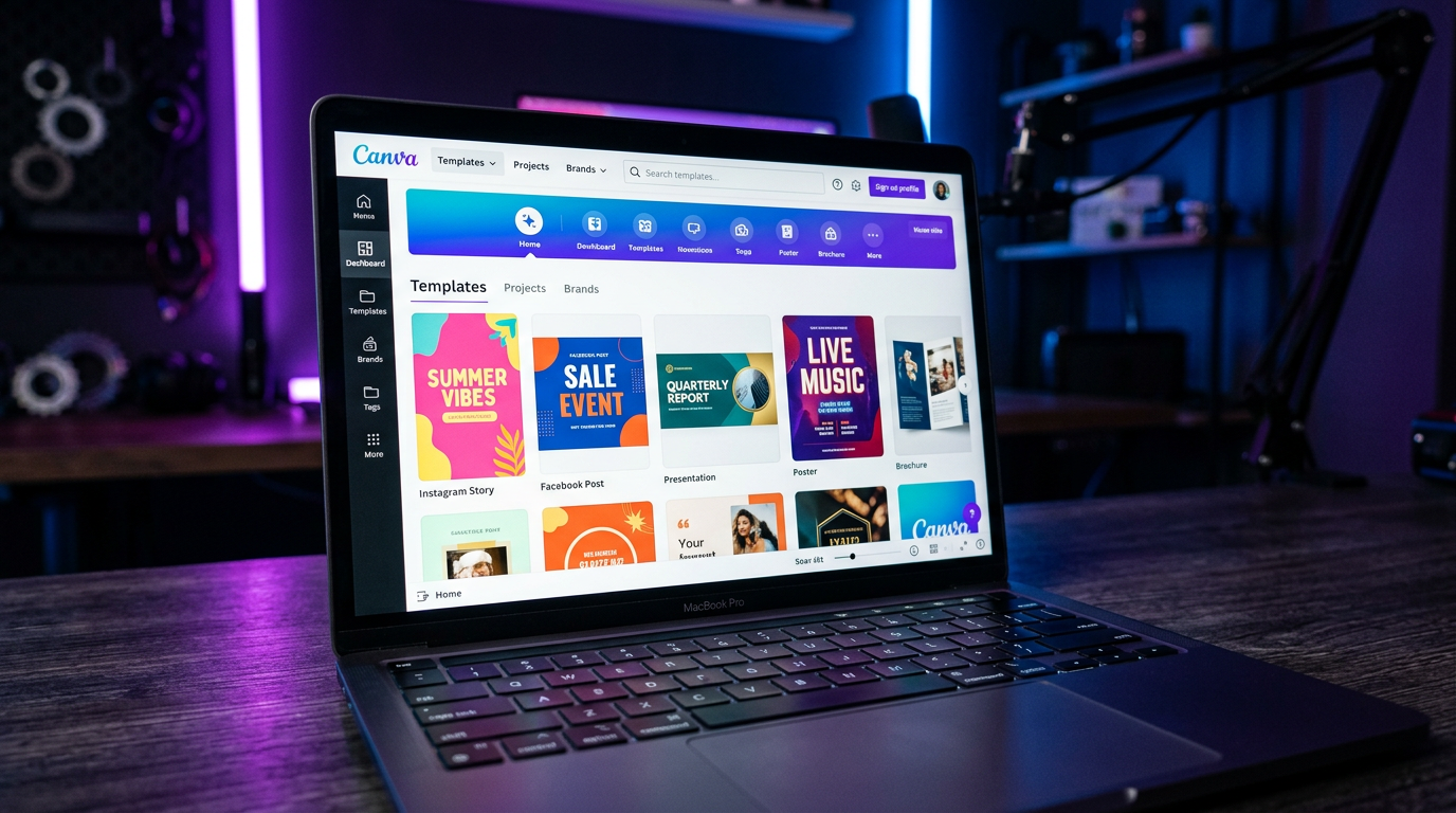 Canva graphic design software with colorful social media templates and neon purple blue lighting