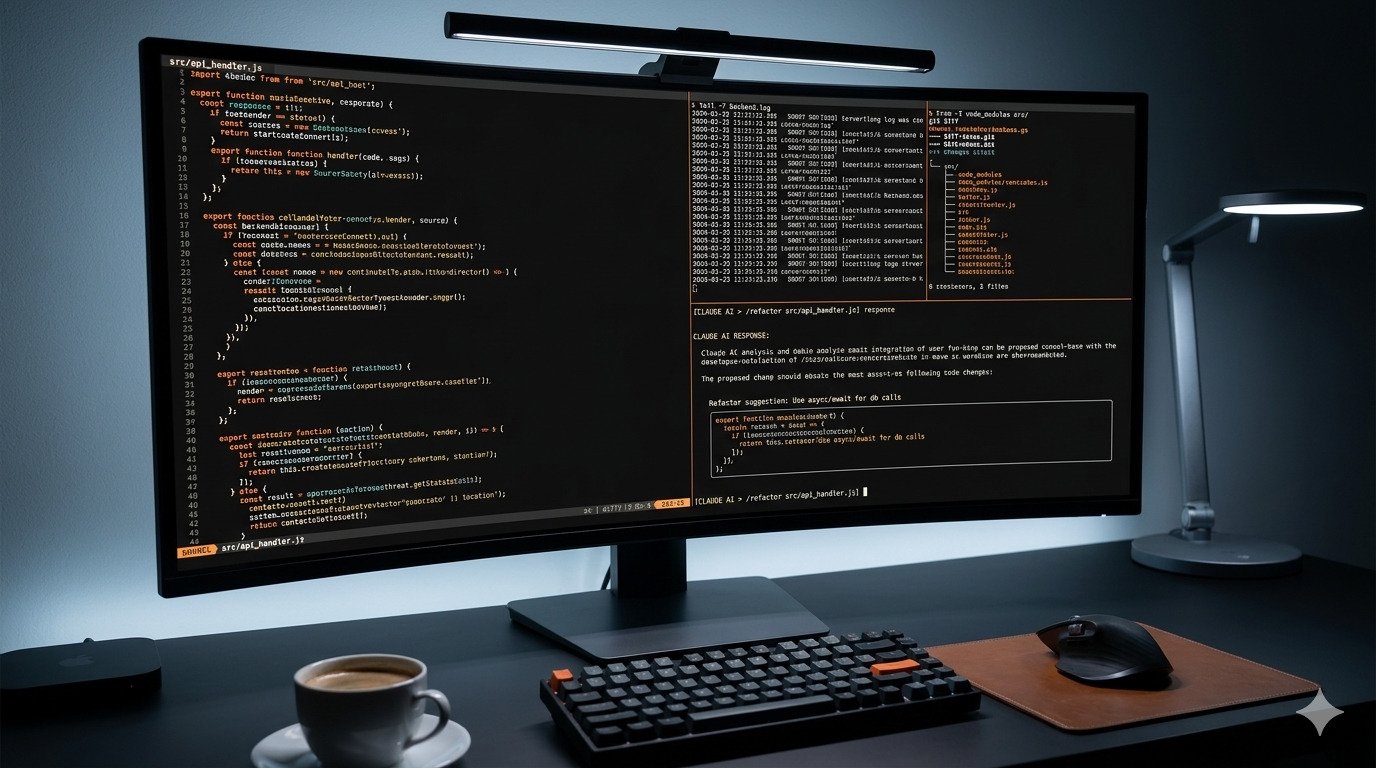 Ultrawide monitor par Claude AI terminal interface aur codebase ka view.
Orange aur white syntax highlighting ke saath professional dark workstation.