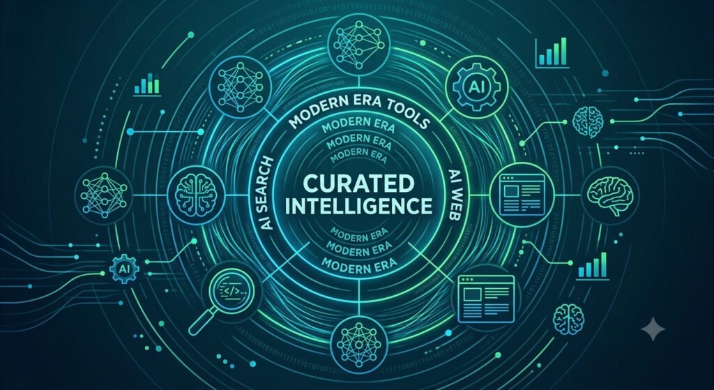 Digital infographic representing AI-driven curated intelligence and modern AI tools.
