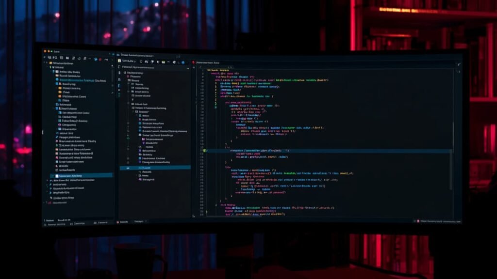 Illustration of the Cursor AI code editor with a chat panel next to the code