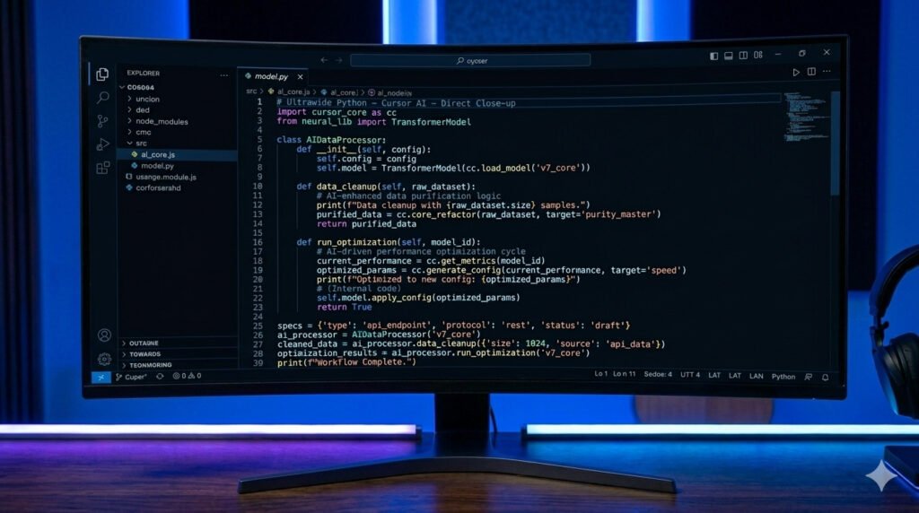 Developer workstation par Cursor AI code editor open hai. Screen par Python code aur AI suggestions modern neon-lit setup mein dikh rahe hain.