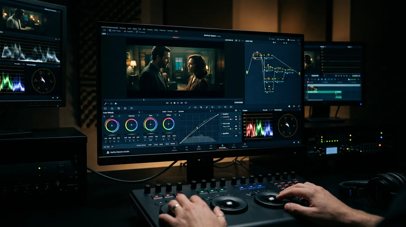 DaVinci Resolve professional video editing software with dark theme and color grading interface