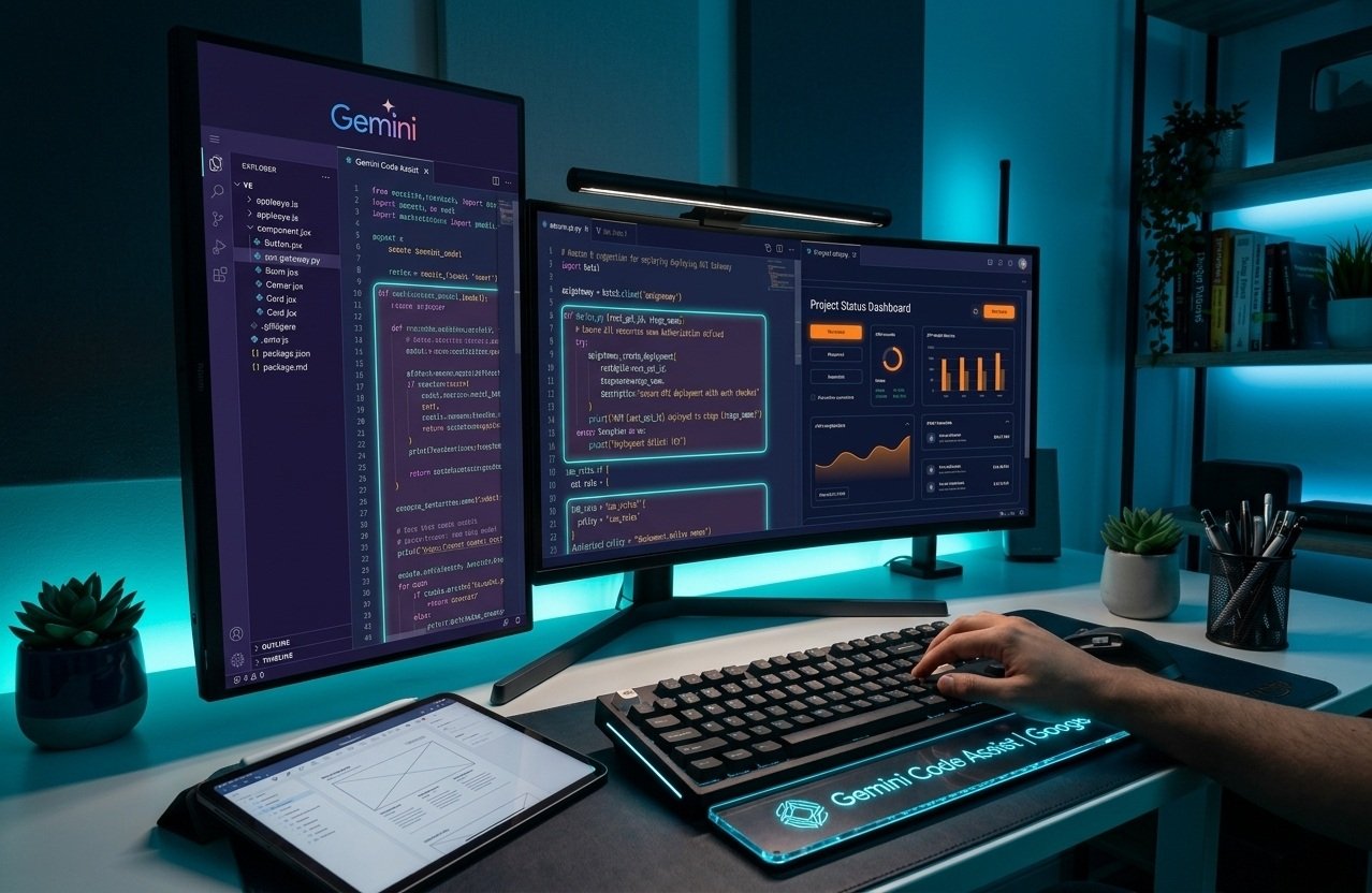 A dual-monitor developer setup with Gemini Code Assist and Python code displayed on screens. The workspace features a dark purple theme, cyan neon glow, and modern desk accessories.