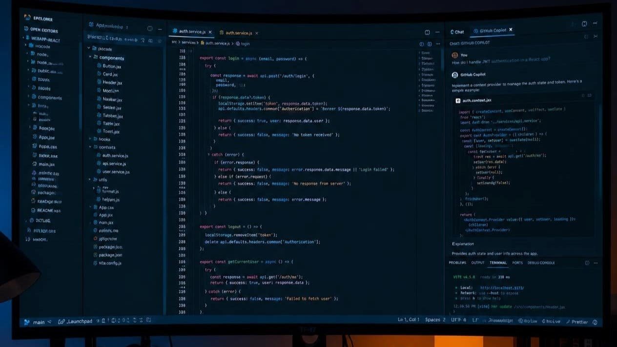    Illustration of GitHub Copilot chat suggesting code inside a code editor