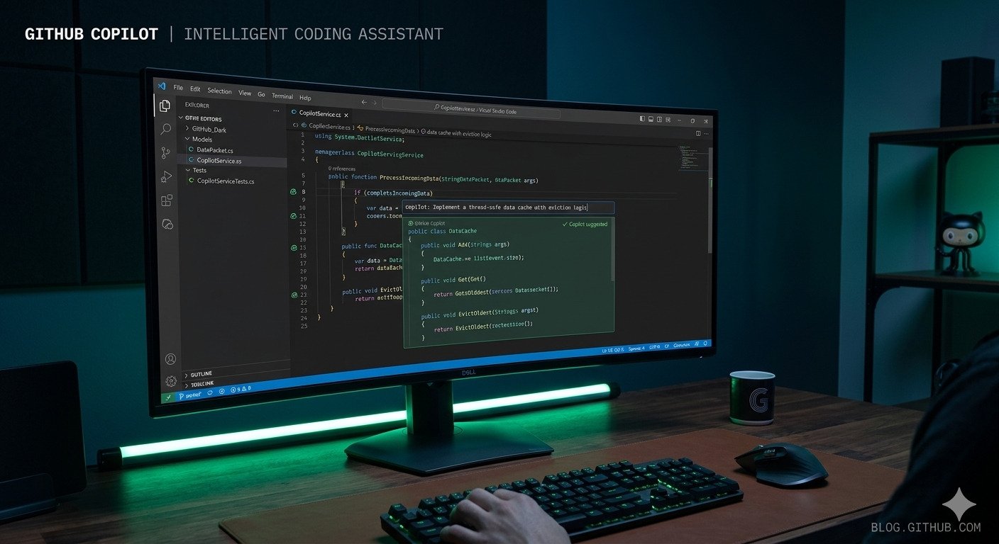 Developer setup mein GitHub Copilot interface monitor par dikh raha hai. Screen par code suggestions aur green neon lighting ke sath dark theme nazar aa rahi hai.