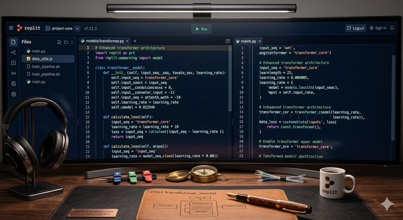 Ultrawide monitor par Replit online code editor ka interface.
Modern dark theme aur colorful syntax highlighting ke saath professional developer setup.