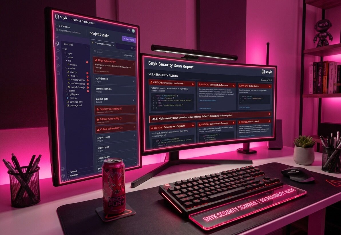 Snyk security scanner displayed on a dual-monitor setup with vulnerability alerts visible. The workspace features a dark theme, pink neon lighting, and a modern developer desk.