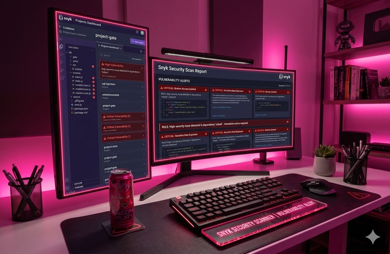 Snyk security scanner displayed on a dual-monitor setup with vulnerability alerts visible. The workspace features a dark theme, pink neon lighting, and a modern developer desk.