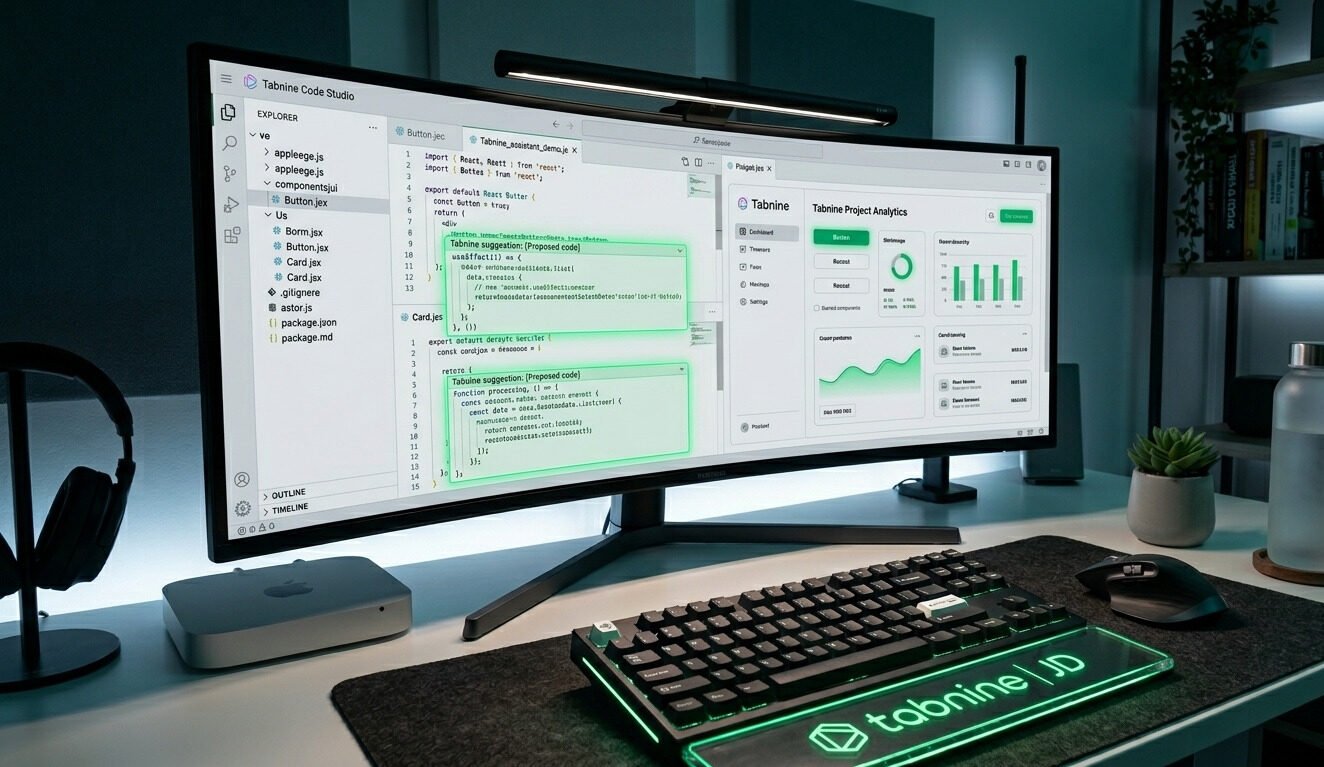 A widescreen monitor displaying the Tabnine code editor interface, with green neon AI code suggestions visible on the screen.