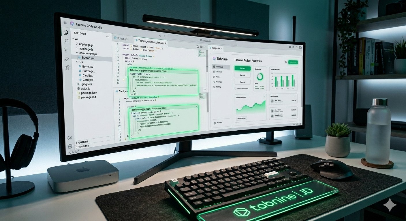 A widescreen monitor displaying the Tabnine code editor interface, with green neon AI code suggestions visible on the screen.
