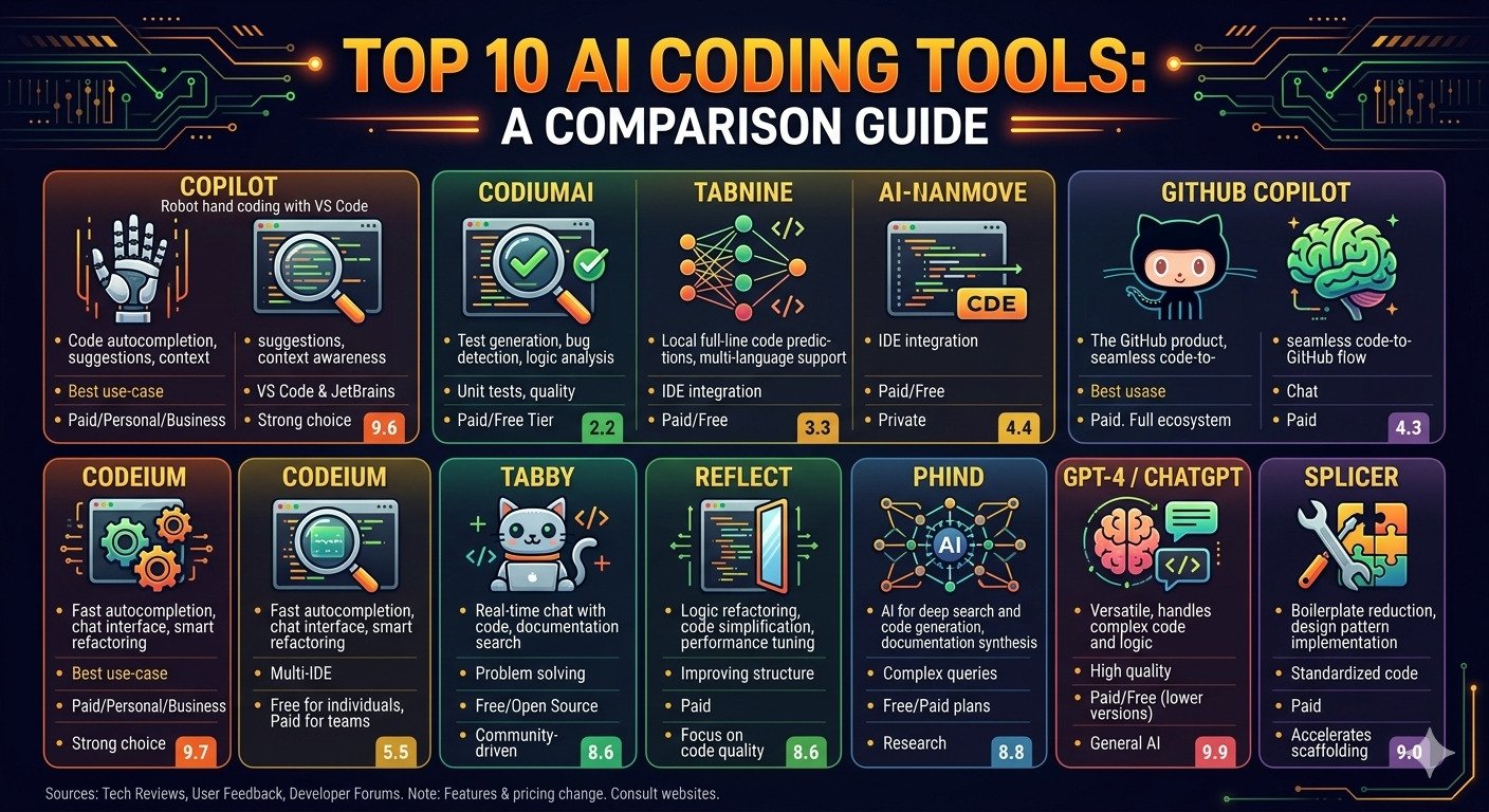 A colorful infographic comparing the top 10 AI coding tools with icons, features, and ratings in a modern dark-themed design.