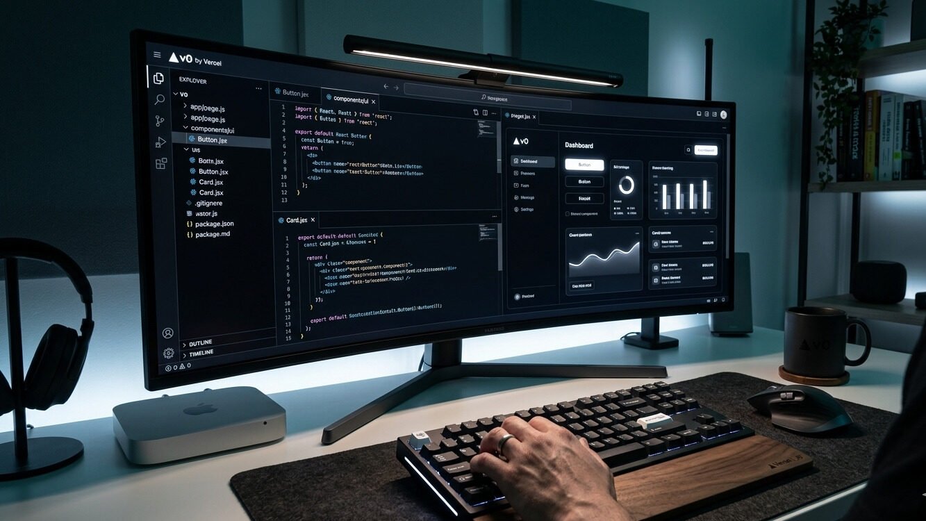An ultrawide monitor displaying the v0 by Vercel interface, with React UI components and a dashboard visible on the screen.