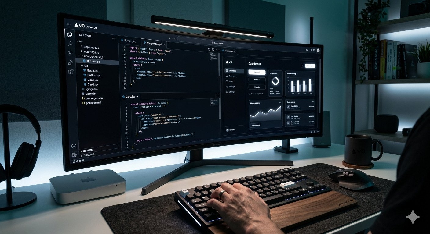 An ultrawide monitor displaying the v0 by Vercel interface, with React UI components and a dashboard visible on the screen.