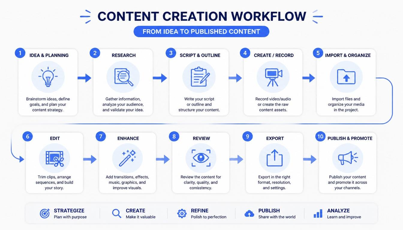 Content creation workflow showing video editing process steps with icons and arrows