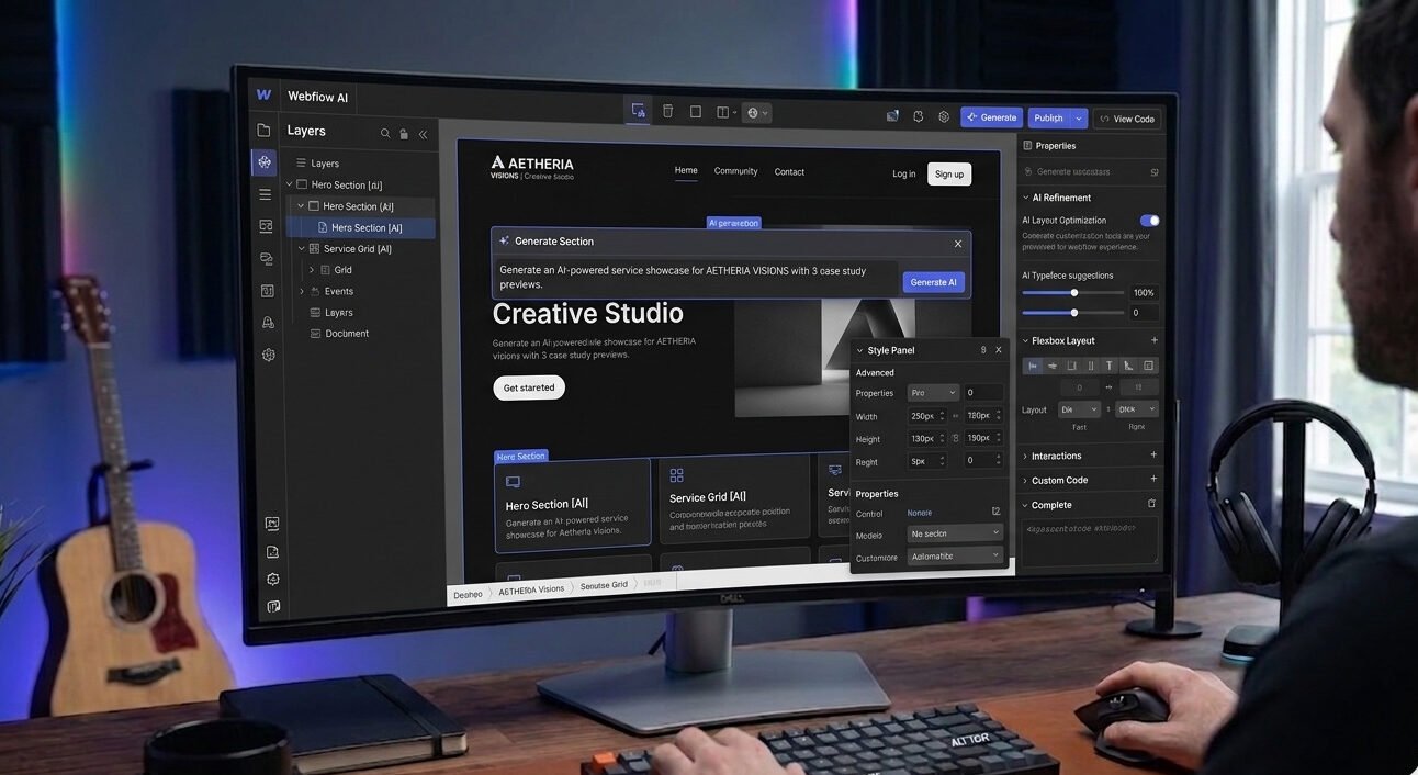 User curved monitor par Webflow AI website builder use kar raha hai. Screen par Advanced Customization tools professional dark workspace mein dikh rahe hain.