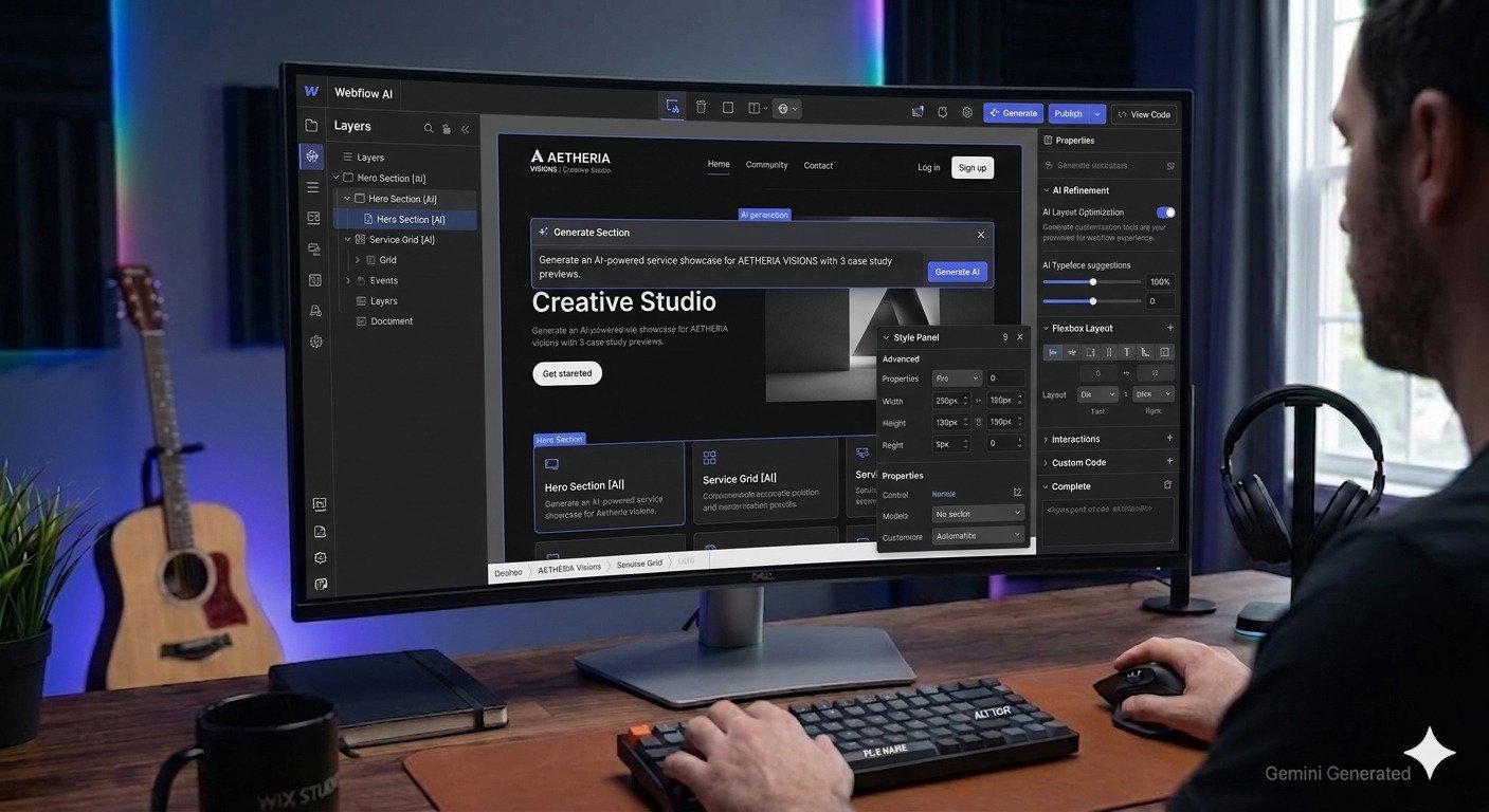 User curved monitor par Webflow AI website builder use kar raha hai. Screen par Advanced Customization tools professional dark workspace mein dikh rahe hain.