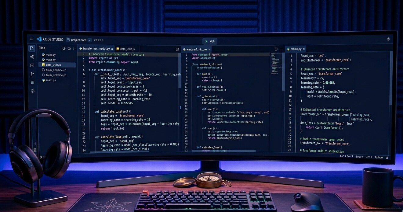 Windsurf AI code editor with an agent panel working through coding tasks