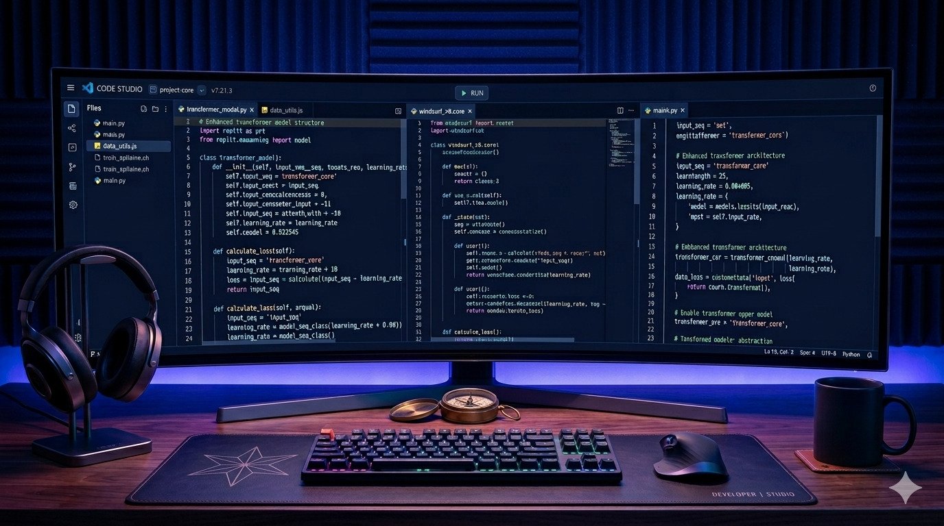 Ultrawide monitor par Windsurf AI code editor ka interface.
Blue aur purple neon lighting ke saath professional dark workstation.