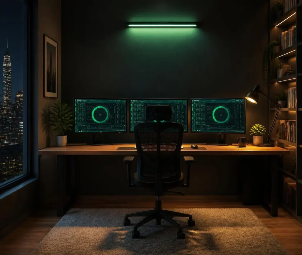 Office desk with three monitors showing AI tool dashboards